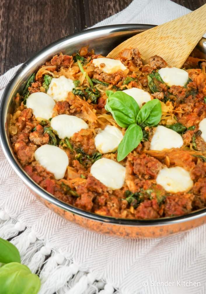 Low Carb Italian Spaghetti Squash Casserole in a skillet.