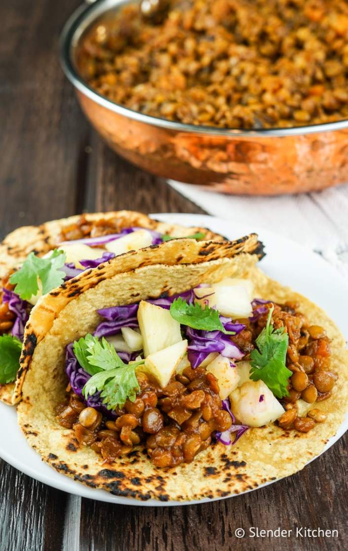 Barbecue Lentil tacos with pineapple.