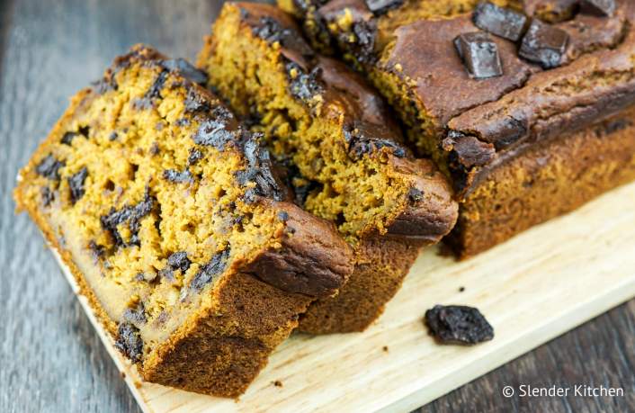 Healthy Chocolate Chip Pumpkin Bread sliced and served in a plate.
