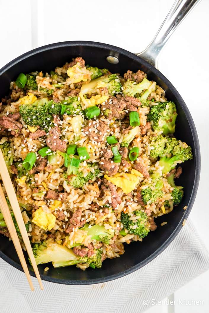 Beef and Broccoli Fried Rice with chopsticks.