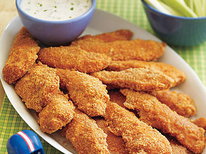 Baked Buffalo Chicken Strips with Blue Cheese Dip