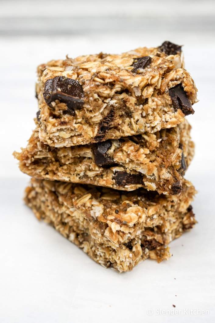 No Bake Peanut Butter Banana Oat Bars with chocolate chips.