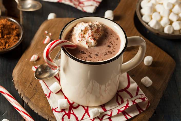 Healthy Peppermint Mocha along side ground coffee and a small pitcher of cream.