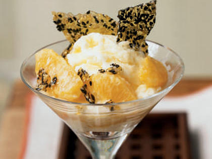 Warm Oranges in Sake Cream with Sesame Brittle