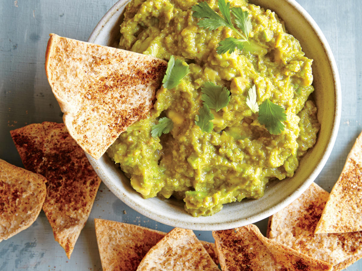 Sweet Pea and Avocado Dip with Baked Pita Chips