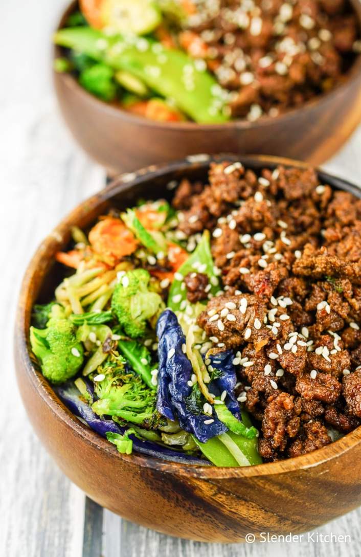 Healthy Korean Ground Beef with Vegetables served with brown rice.
