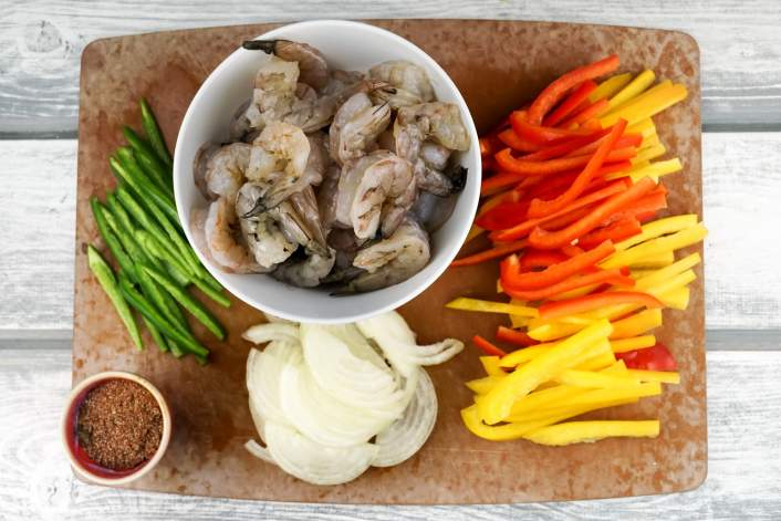 All the ingredients to make One Pan Shrimp Fajitas.