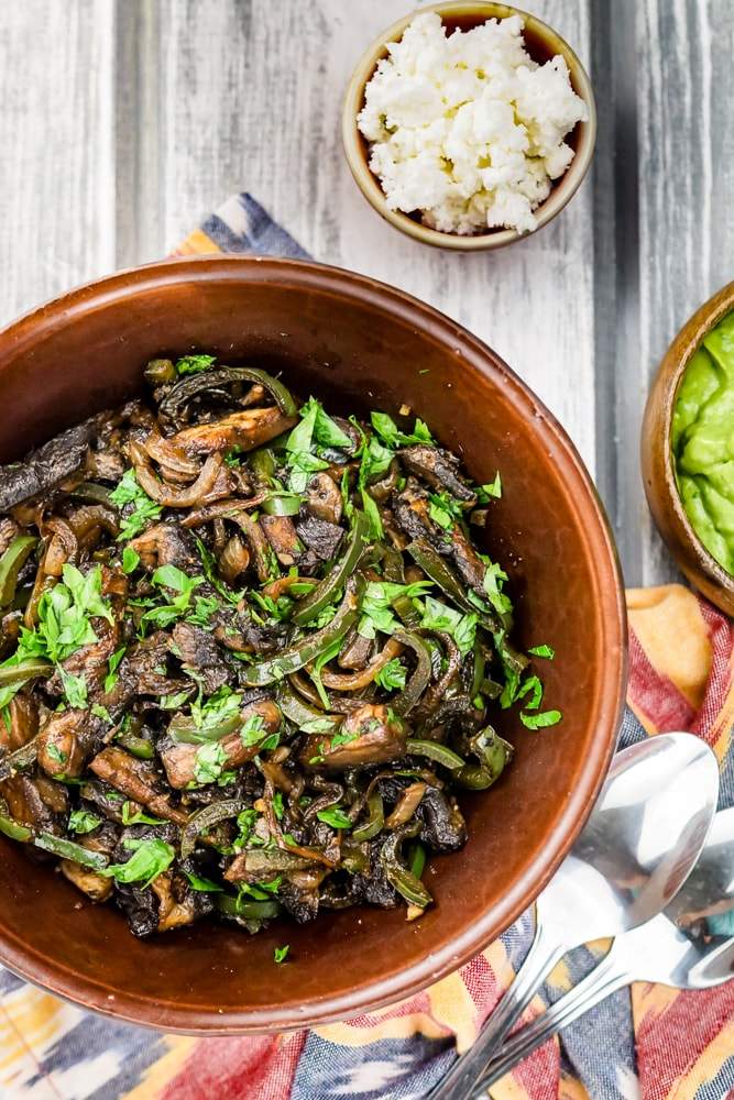 Portobello and Poblano Taco filling tossed with lime juice and cilantro.