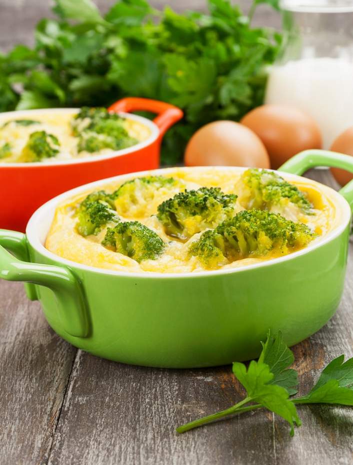 Two microwave cheddar omelets with broccoli in mugs