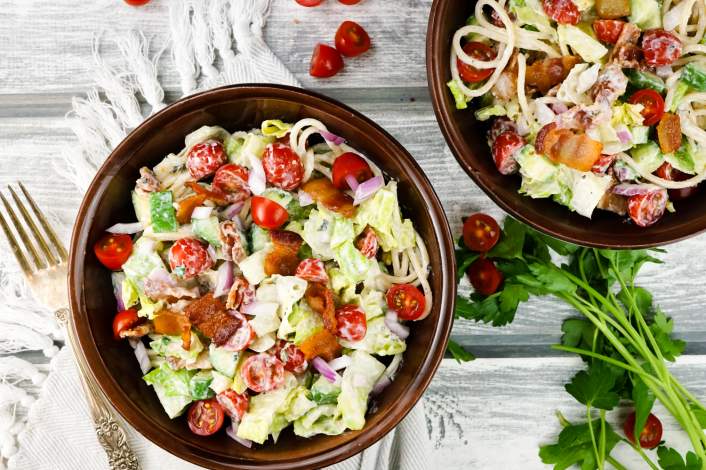 Ranch BLYT Pasta Salad on a gray background.