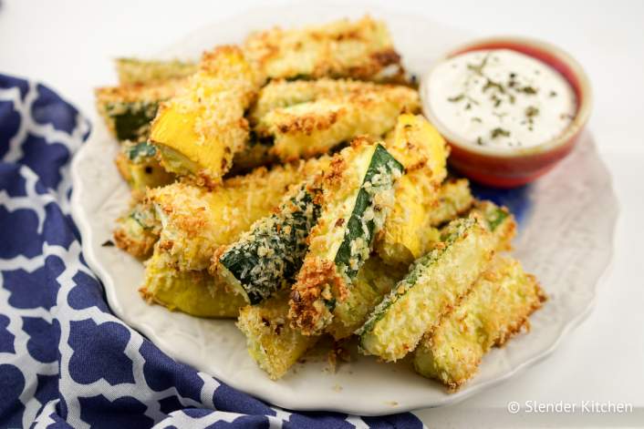 Zucchini Fries with Parmesan on a plate with ranch.
