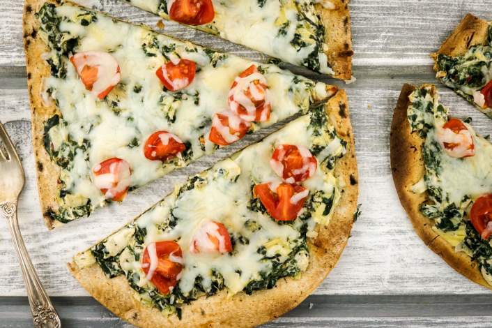 Weight Watchers Spinach and Artichoke Pizza for a healthy football appetizer.