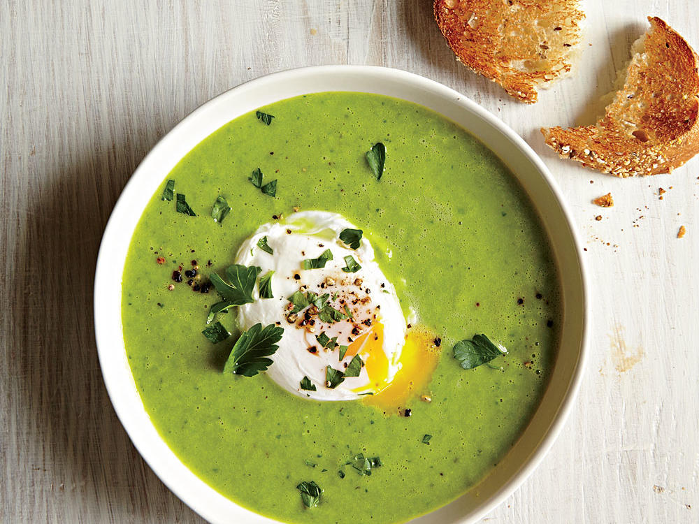 Green Pea and Asparagus Soup with Poached Eggs and Toast