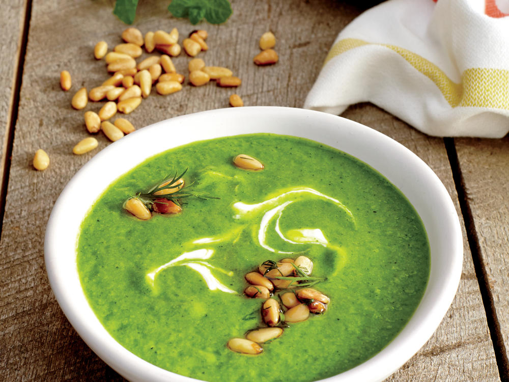 Sweet Pea Soup with Yogurt and Pine Nuts