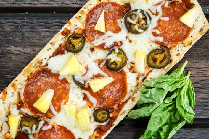 Pepperoni and Pineapple Pizza with Jalapenos for a healthy appetizer.