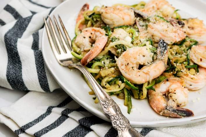 Pesto Shrimp with Zucchini Noodles on a white plate with fork.