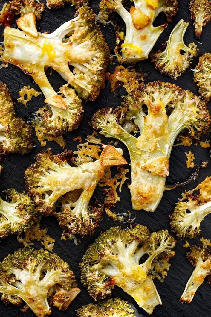 Parmesan Roasted Broccoli in a sheet pan with garlic and lemon. 