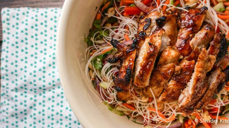 Asian Noodle Salad with Broiled Hoisin Chicken Thi...