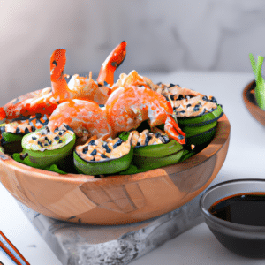 Keto sushi in a wooden bowl with cucumbers, edamame, spicy shrimp, seaweed, and sesame seeds.