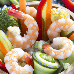 Low carb sushi in a wooden bowl with veggies and shrimp