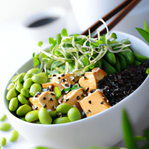 Vegetarian sushi bowl with edamame, pea shoots, avocado, tofu, and sesame seeds.