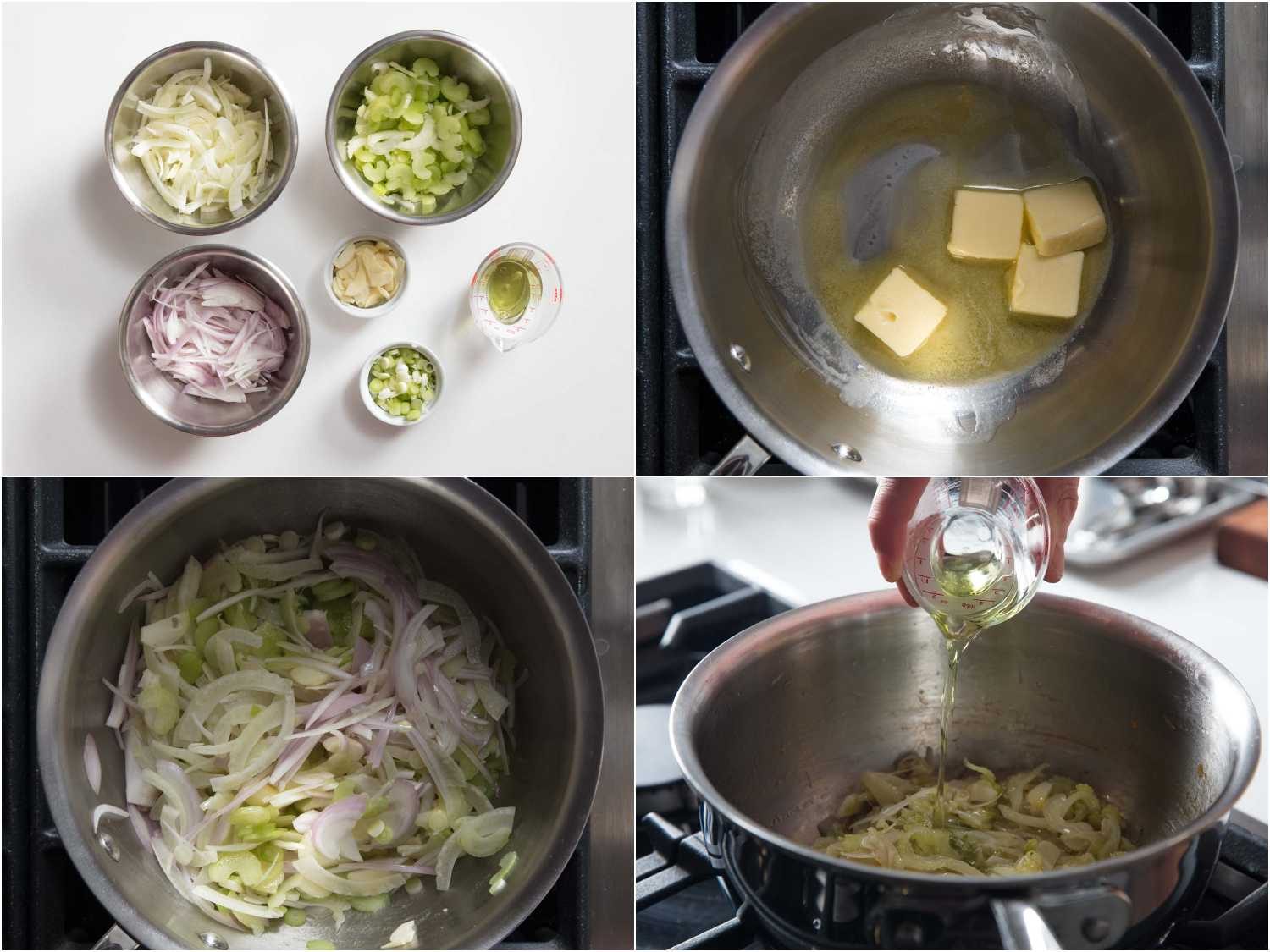 Process shots of sweating vegetables for oysters Rockefeller