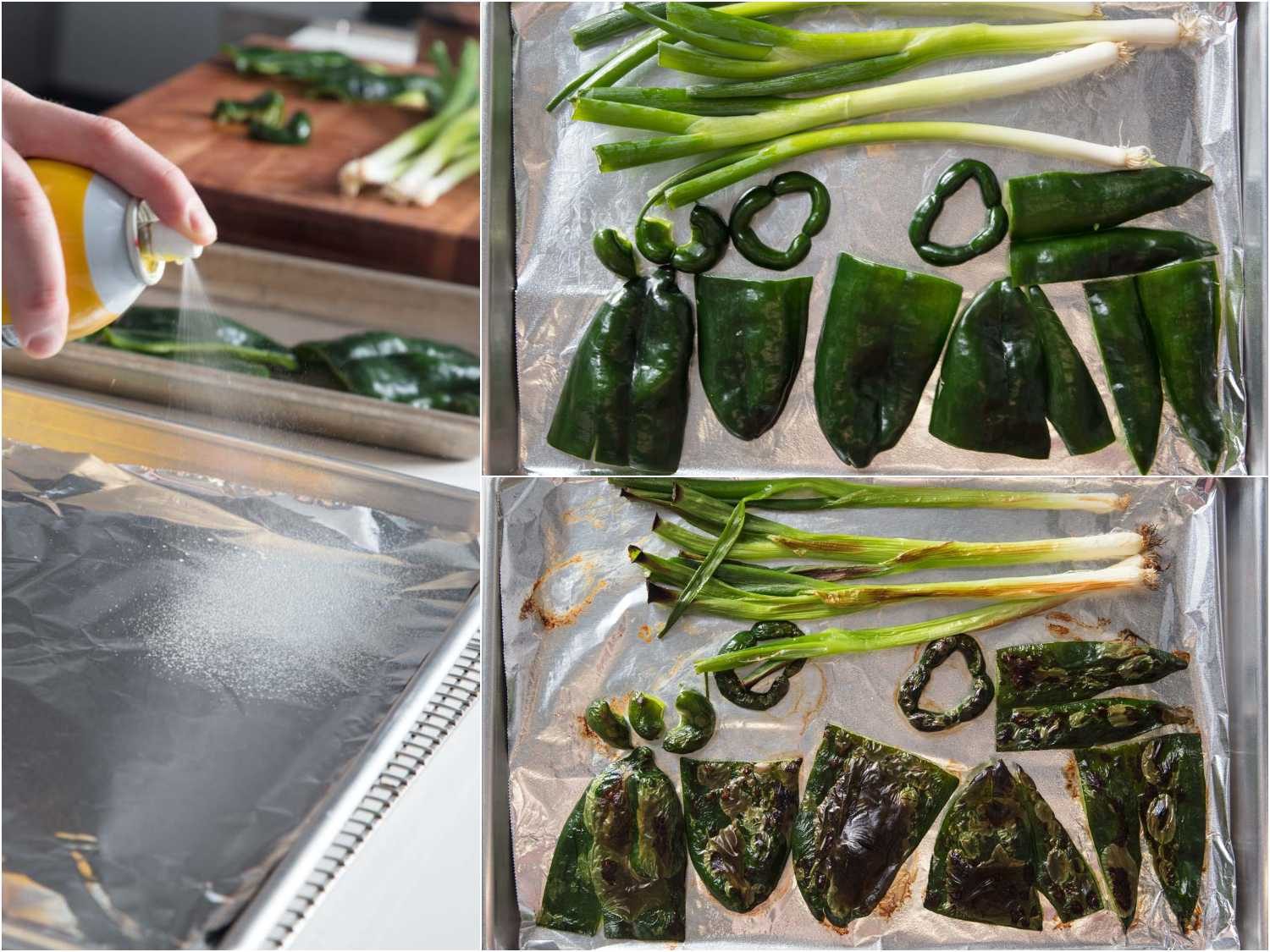 Process shots of roasting poblanos and scallions.