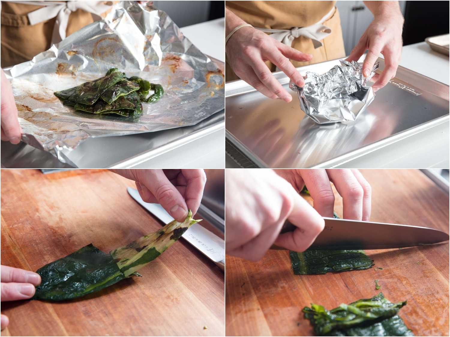 Process shots of placing poblanos in aluminum foil pouch and then peeling