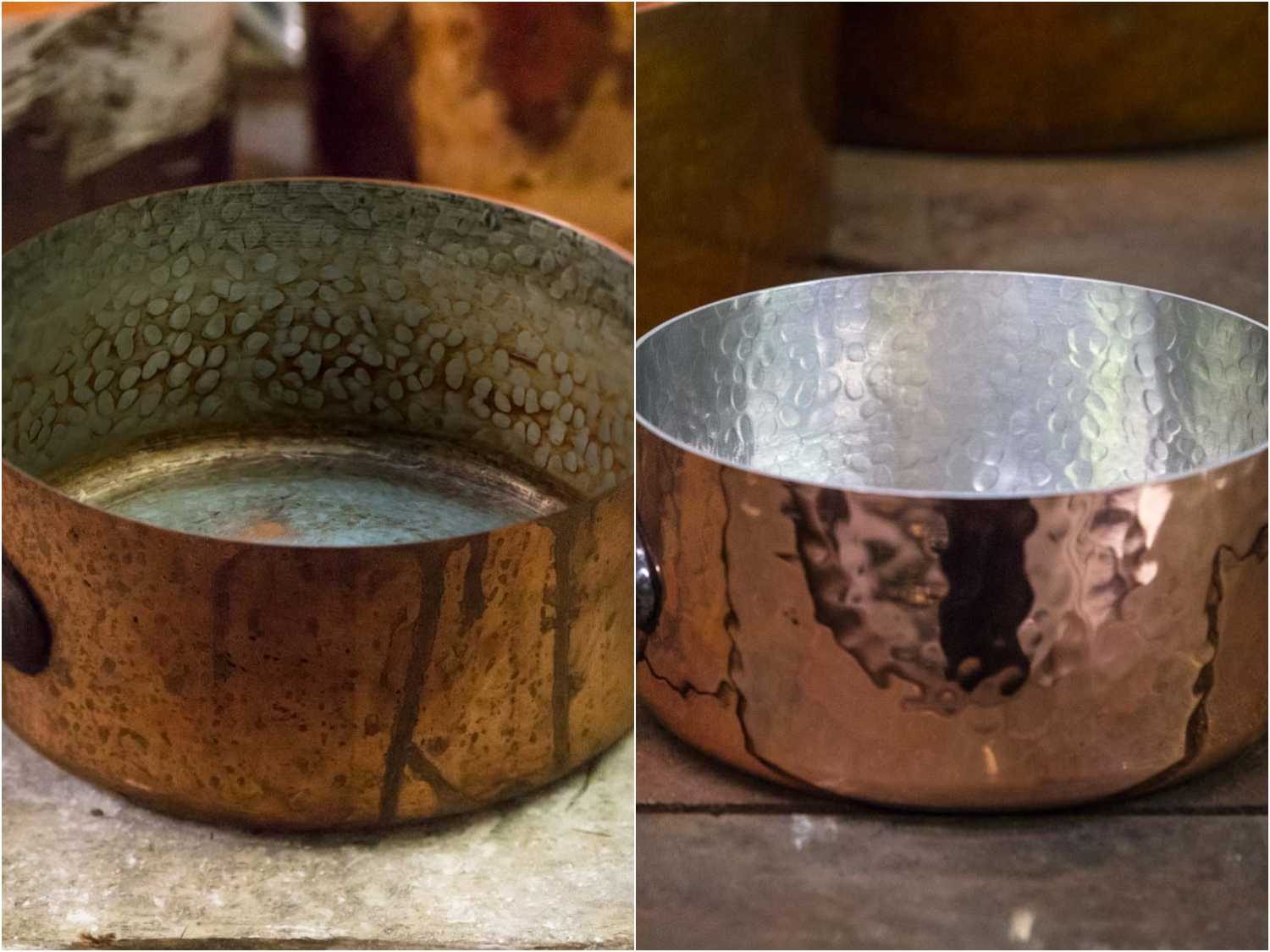 Before and after shots of a copper saucepan restoration