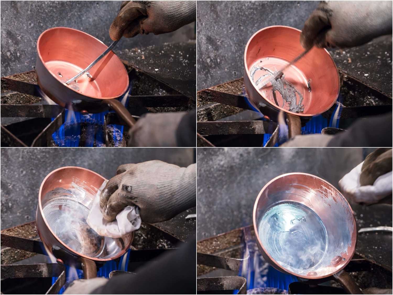 Sequence of photos showing tin being melted and wiped into a copper pan