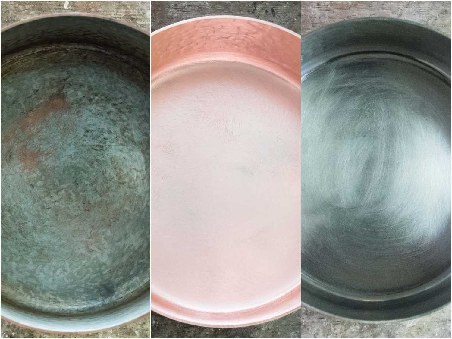 Side-by-side shots of copper cookware re-tinning: old damaged tin lining; stripped bare copper; new tin lining