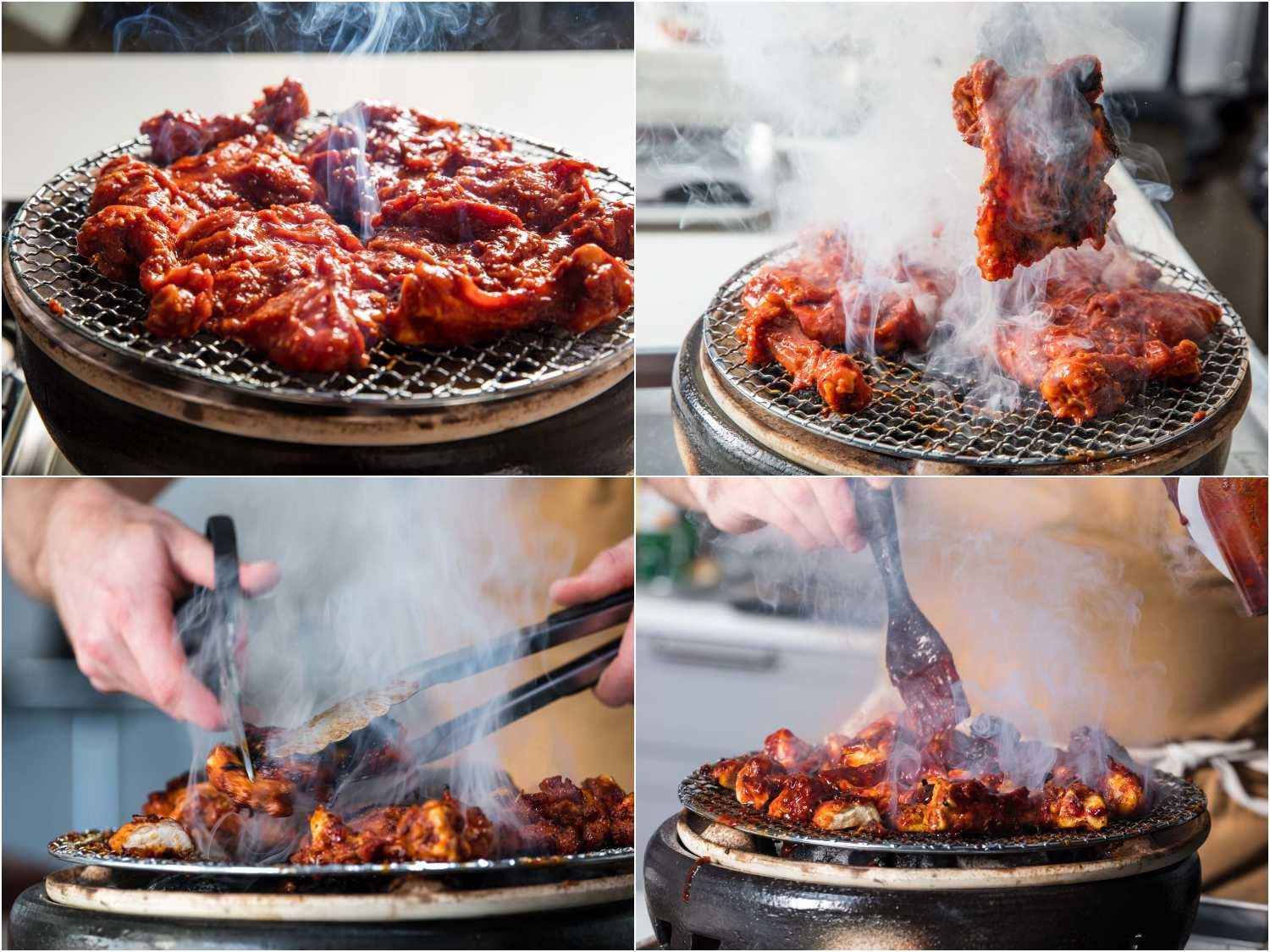 Process shots of grilling and cutting up chicken