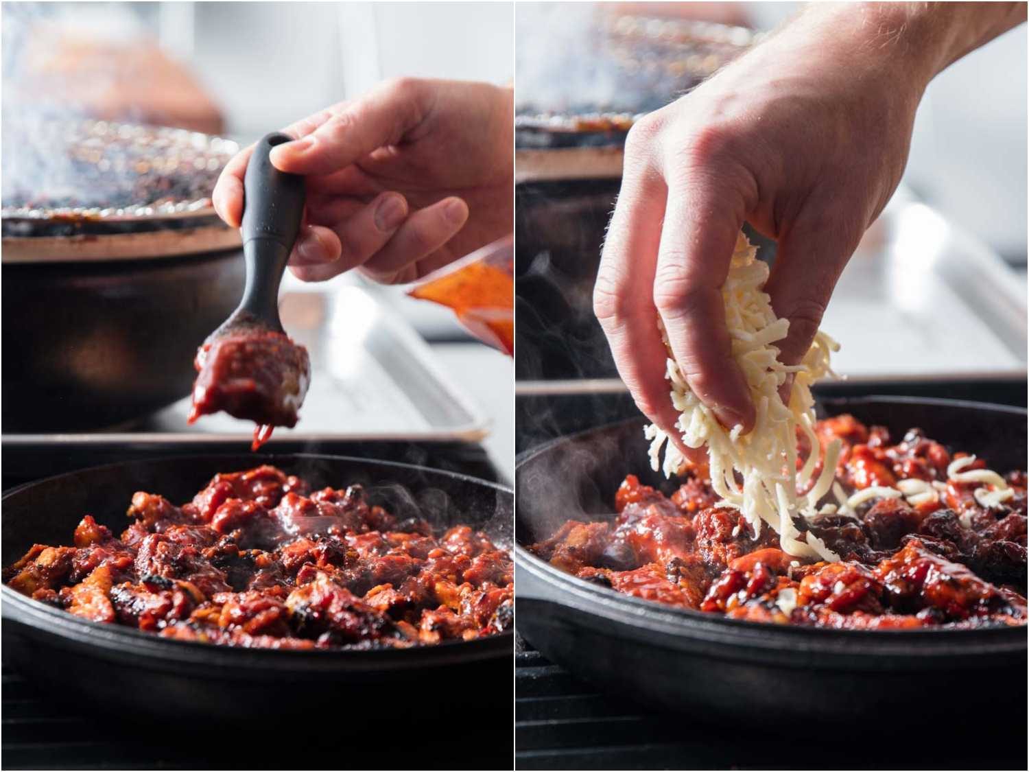 Process shots of sprinkling cheese over skillet of chicken