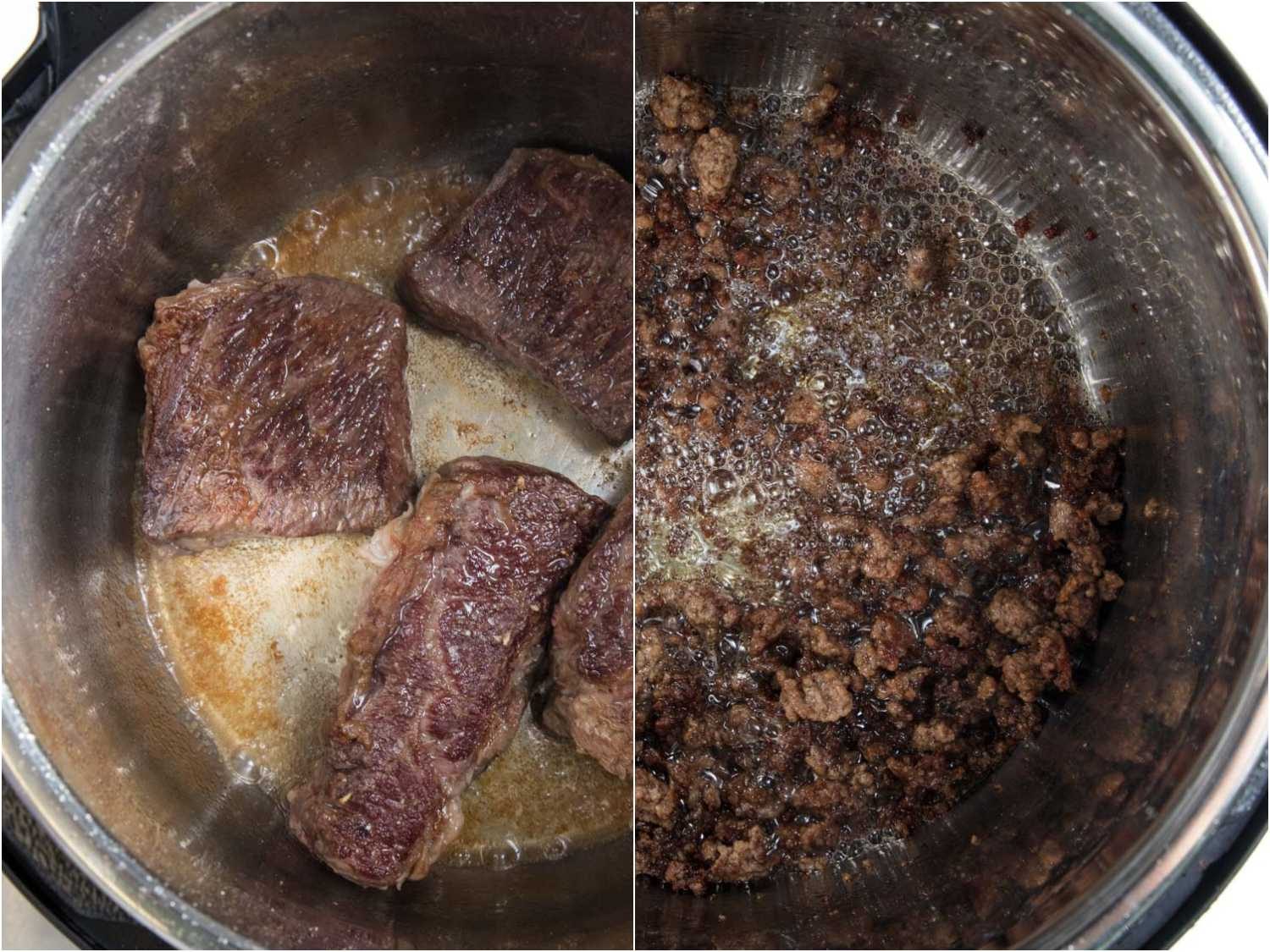 Two pictures of beef searing in a pressure cooker (ground and large slabs)