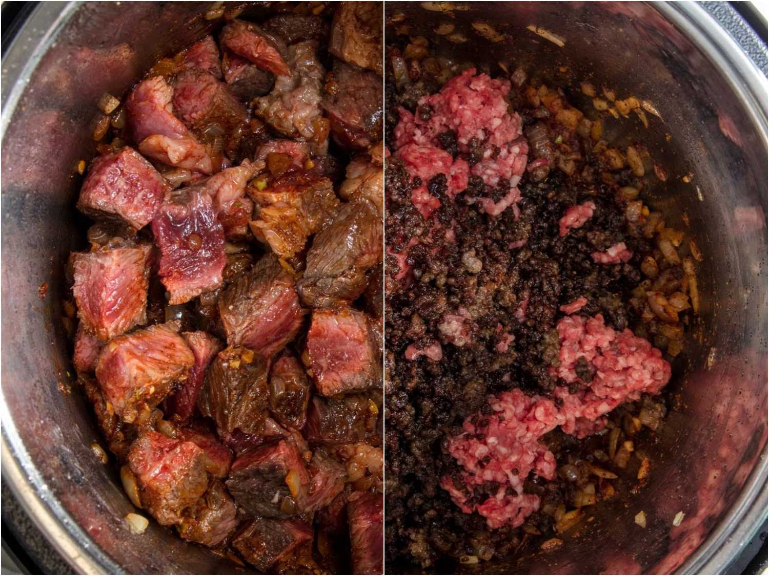 Two pictures of beef (ground and cut into chunks) in the pressure cooker for chili