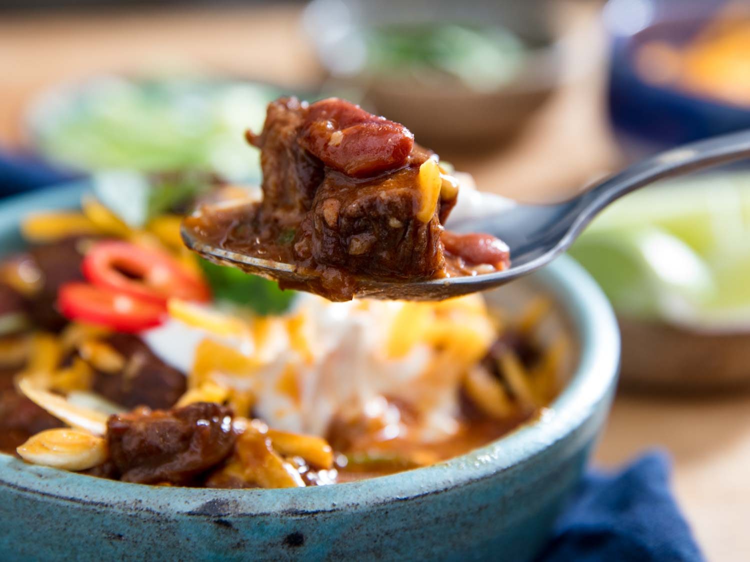 A spoonful of chunky chili