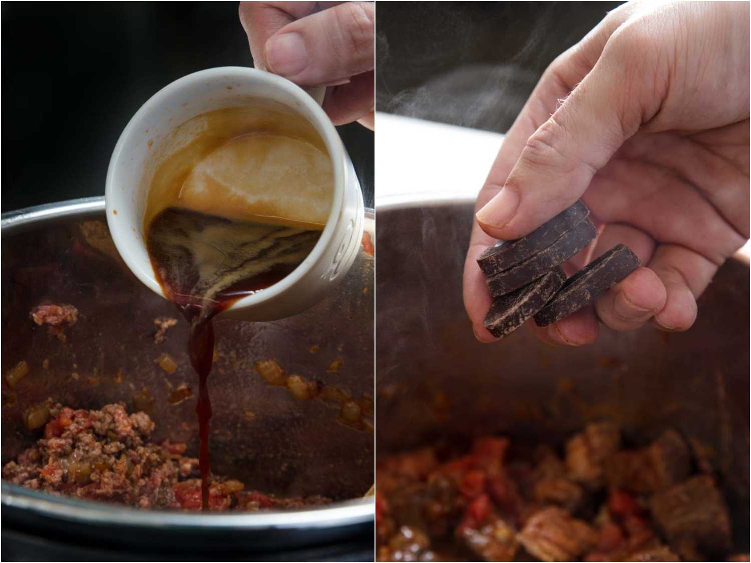 Adding coffee and chocolate to a pot of chili