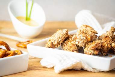 Pretzel chicken gingers with honey mustard dressing.