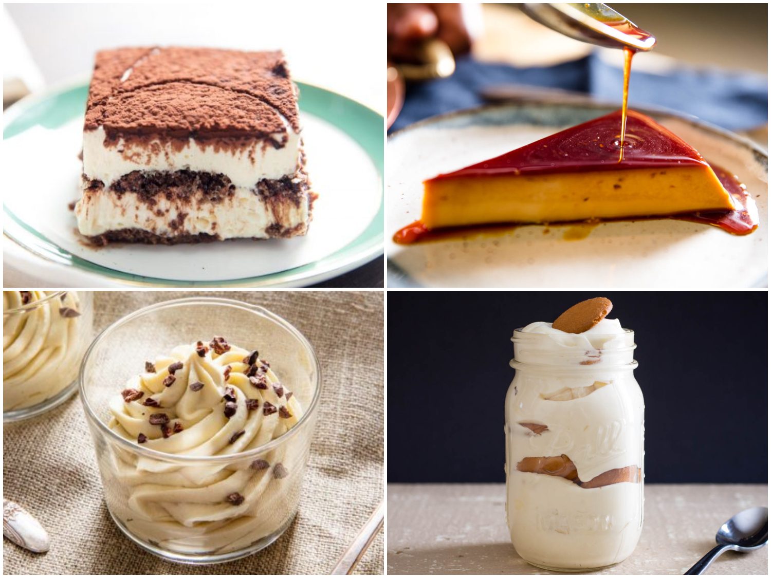 Collage of photos of custard desserts: tiramisu, double-caramel flan, banana crémeux, and banana pudding