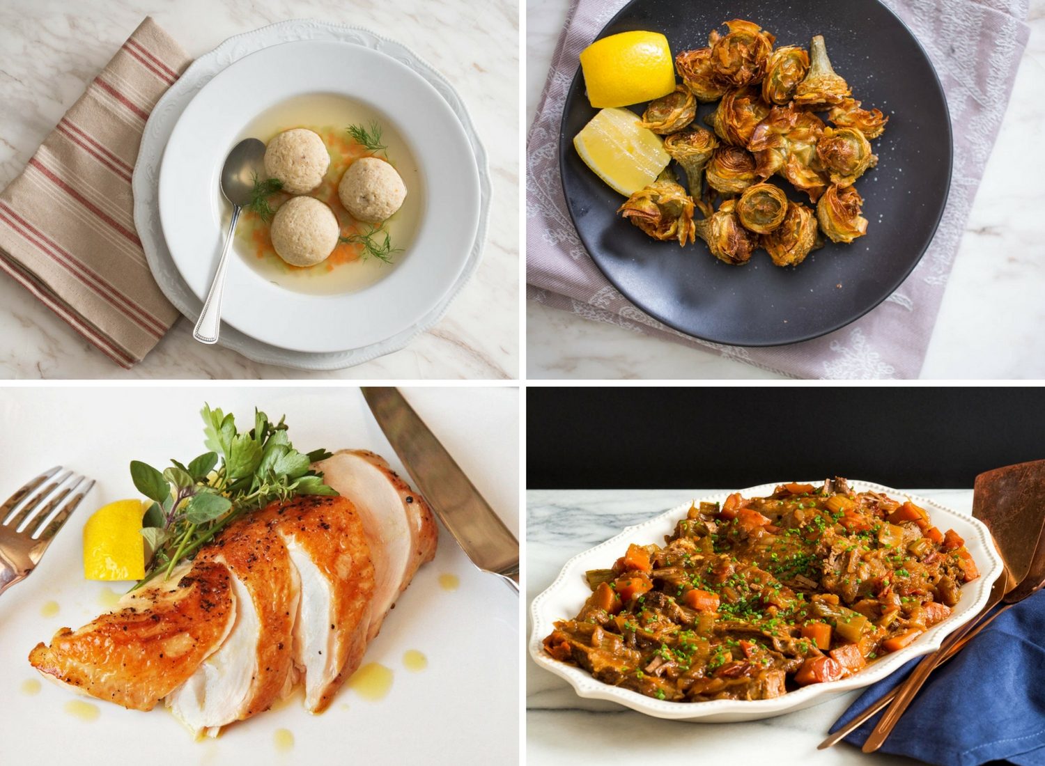 Collage of photographs of savory Passover-appropriate dishes: matzo ball soup, fried artichokes, sous vide chicken breast, and braised brisket