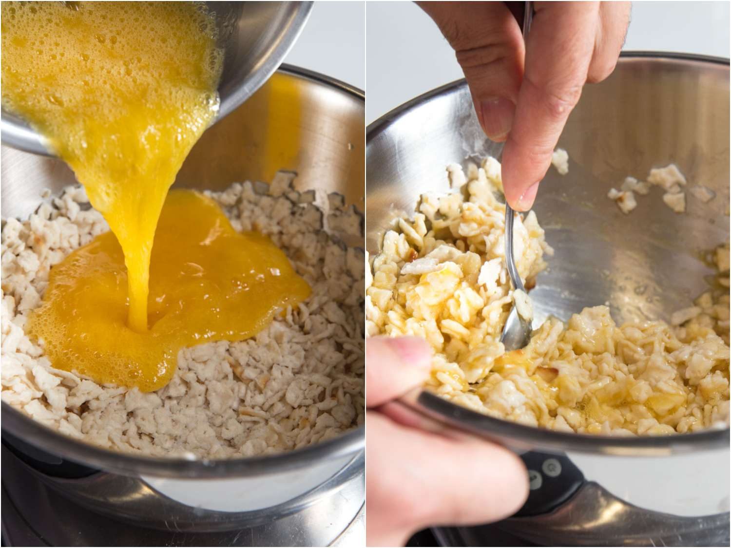 Adding eggs to matzo for matzo brei
