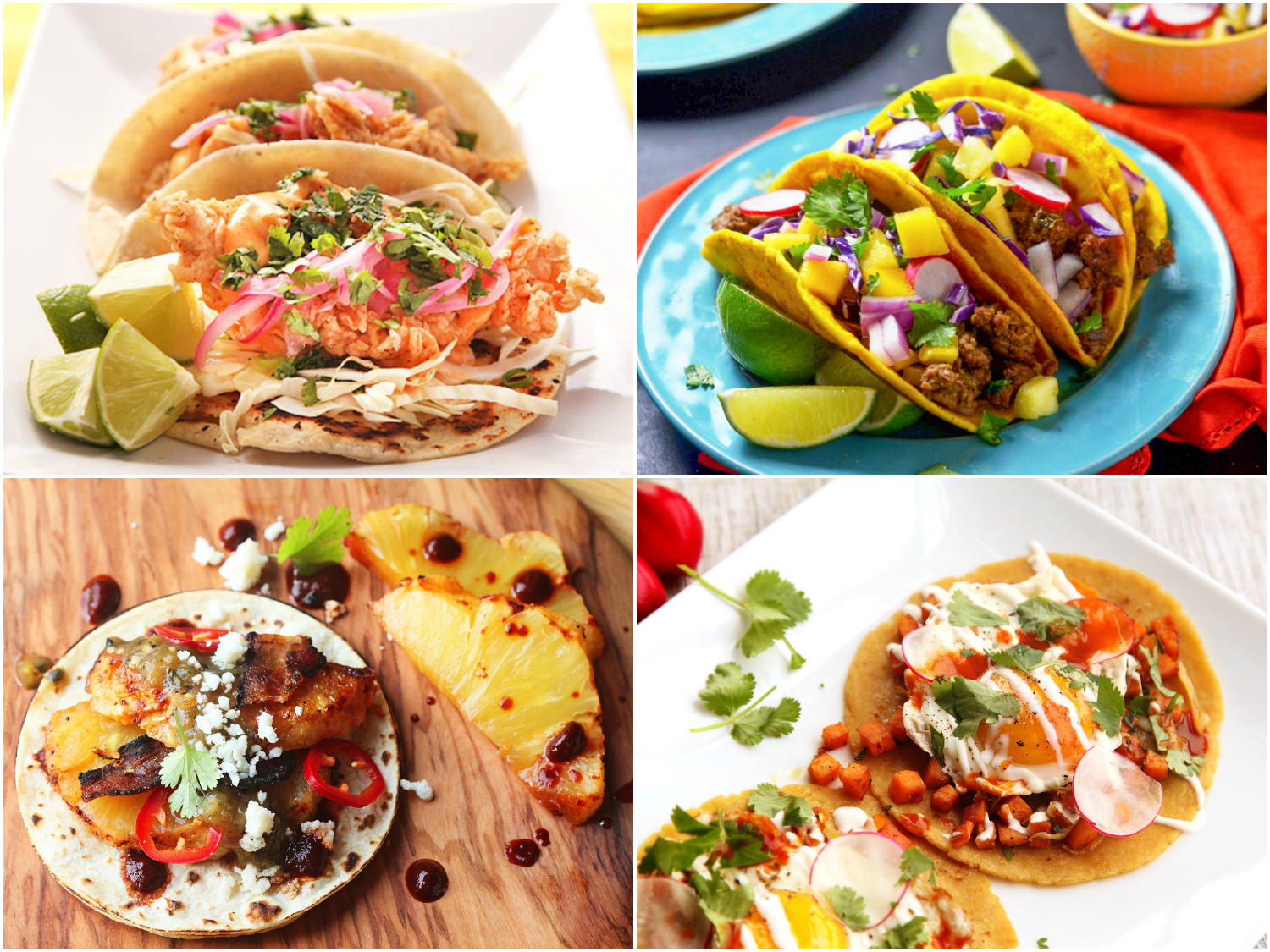 Collage of photographs of taco recipes: fried-fish tacos, Jamaican beef tacos, bacon-wrapped-pineapple tacos, and sweet potato, sage, and fried-egg tacos