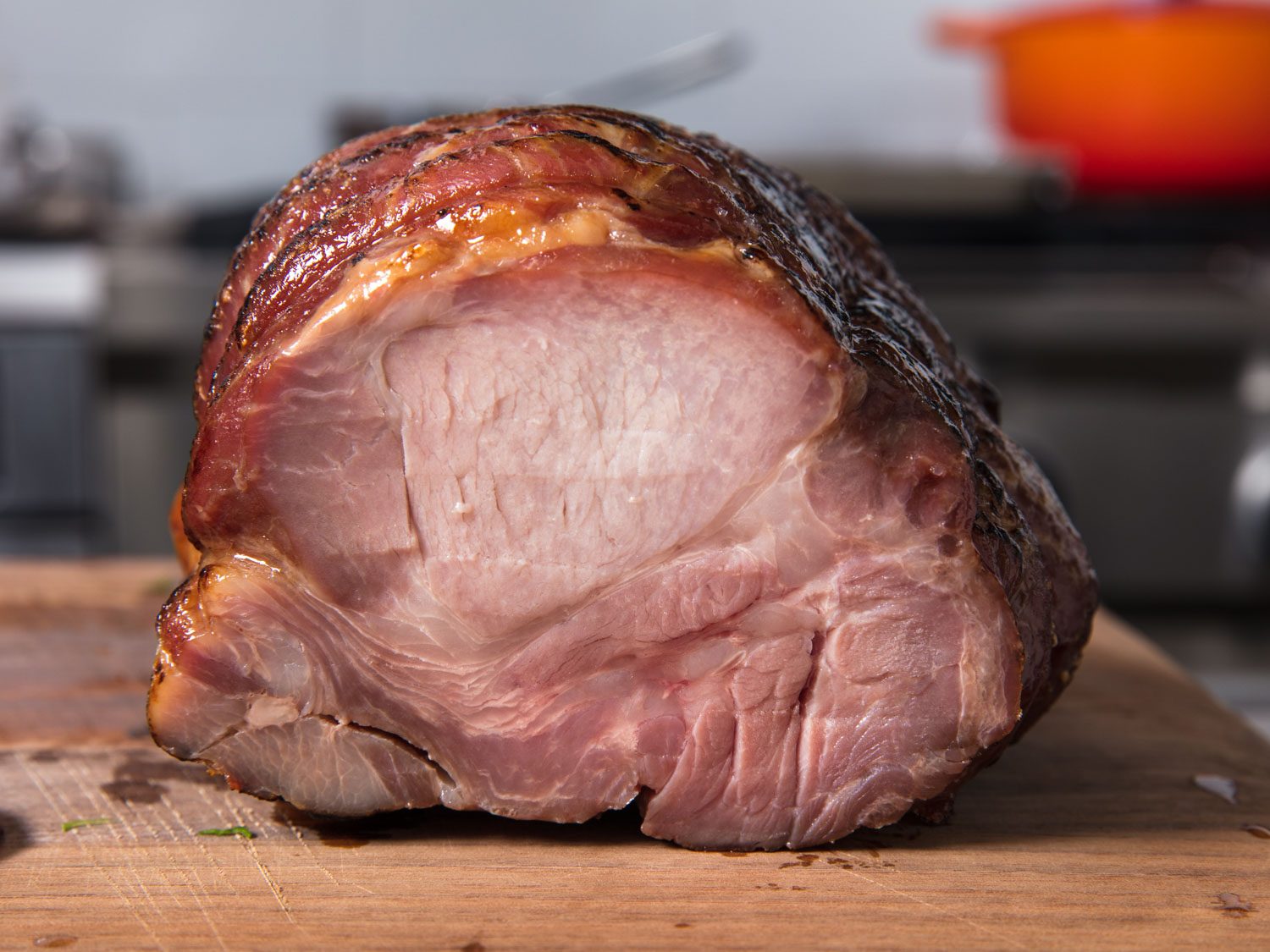 Cross section of reverse-seared pork shoulder chashu for ramen