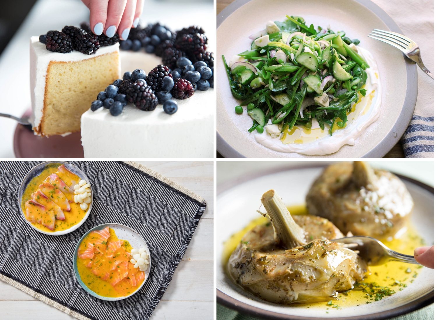 Collage of four spring recipes (chiffon cake with vanilla chantilly, spring-vegetable salad with labne and cucumbers, Peruvian tiradito with leche de tigre sauce, and braised artichokes)