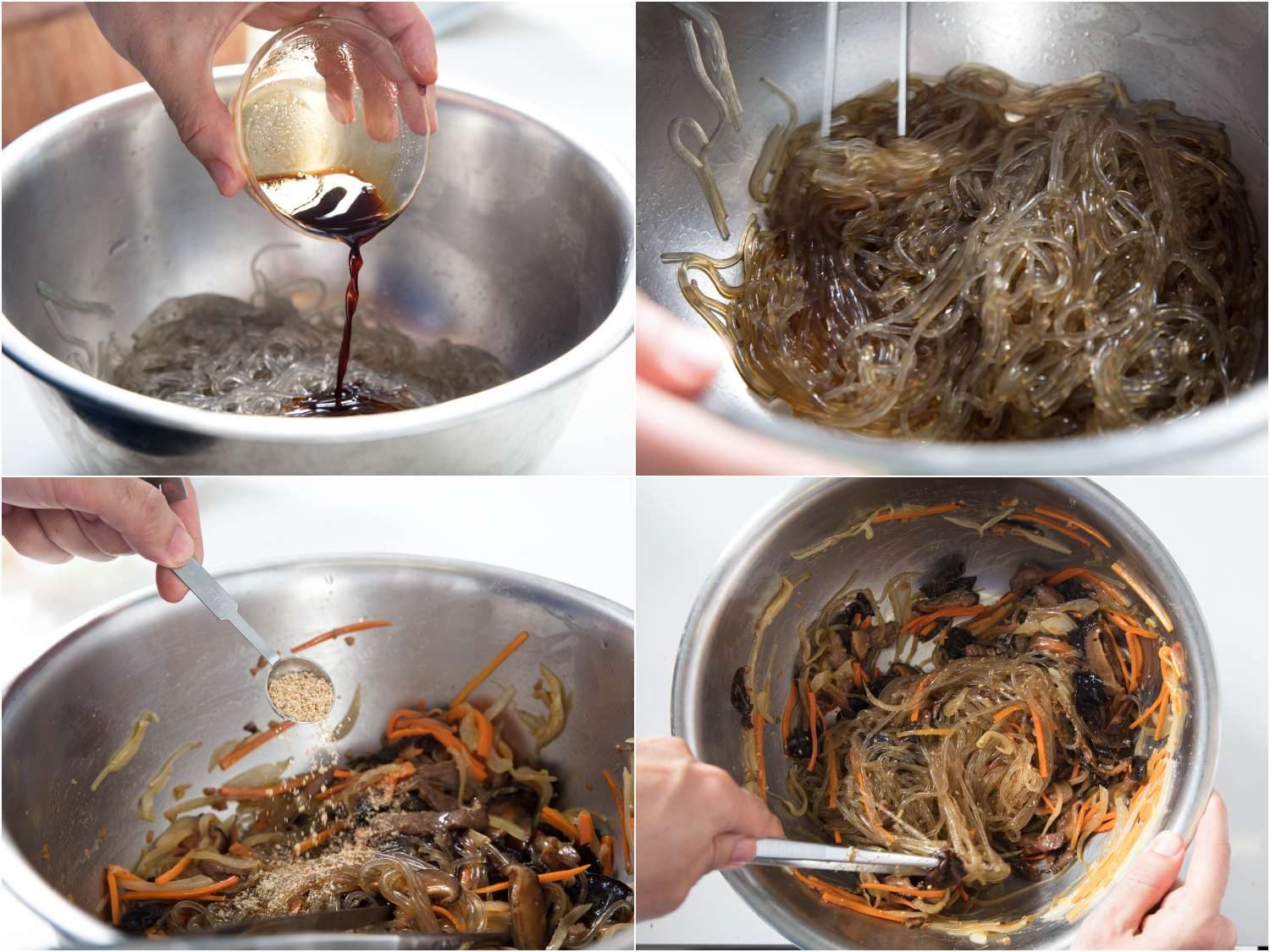 Seasoning the cooked noodles and adding the other ingredients to japchae