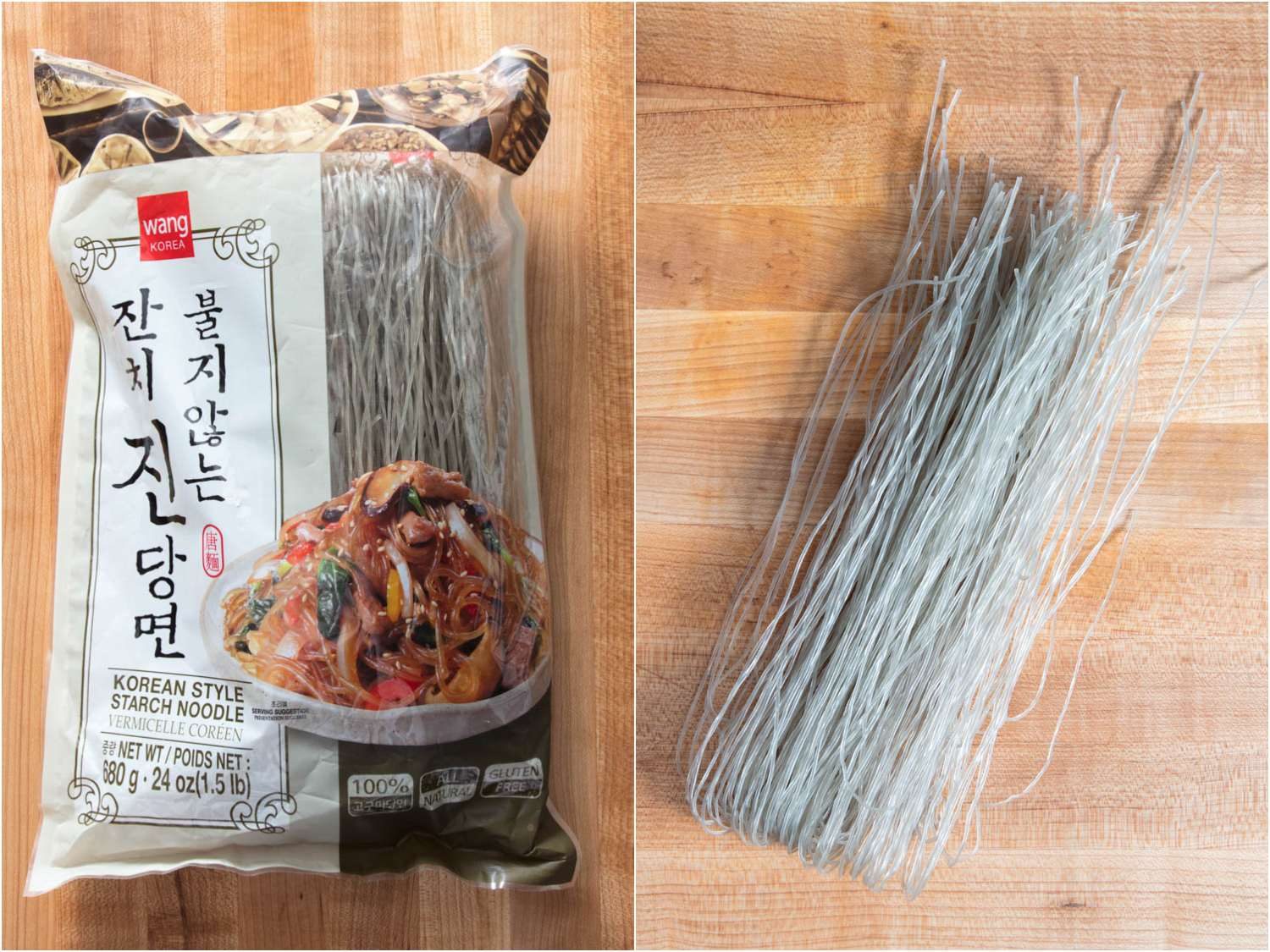 Sweet potato noodles for japchae (in and out of the packaging)
