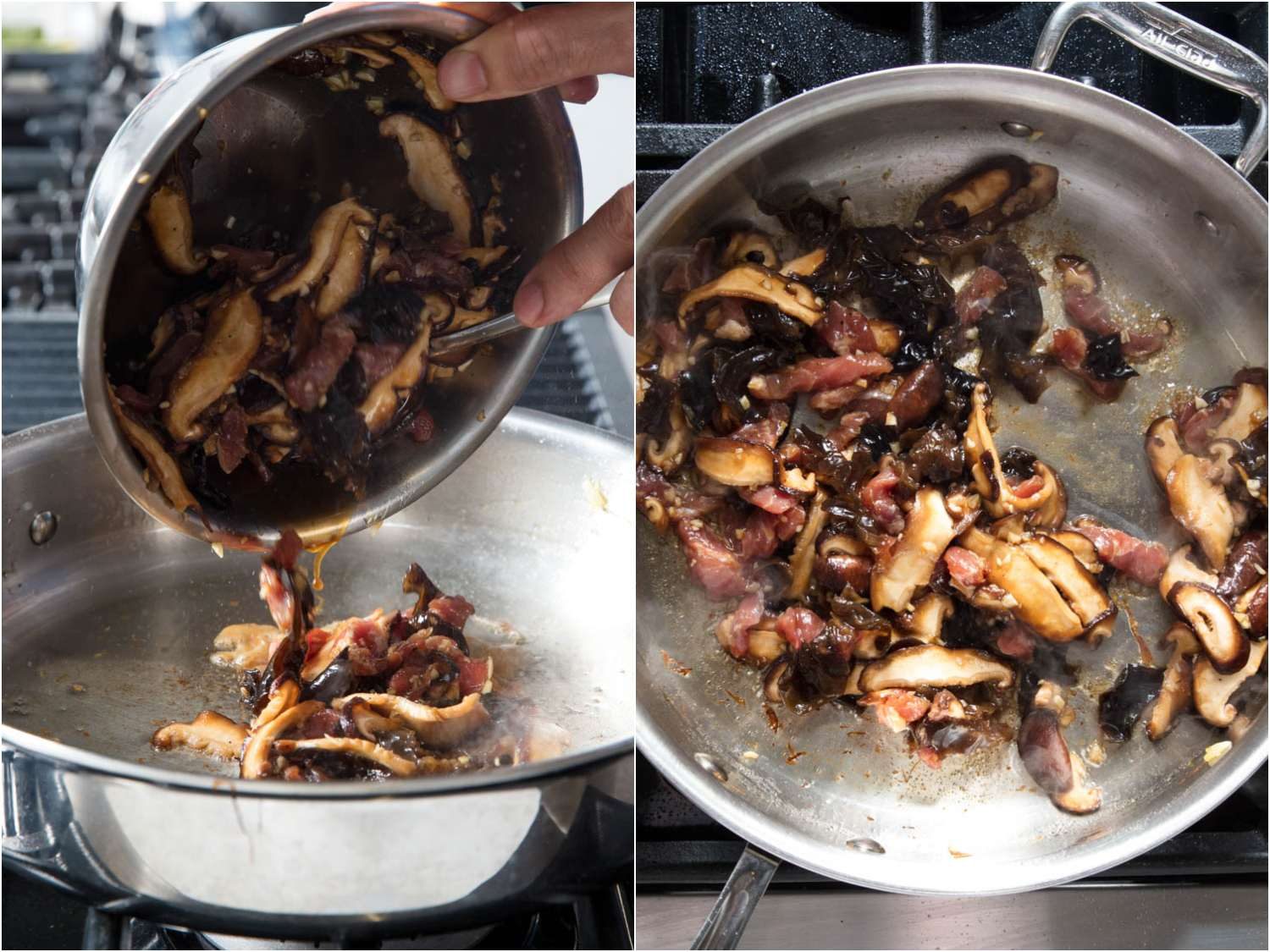 Sautéing the marinated meat and mushrooms