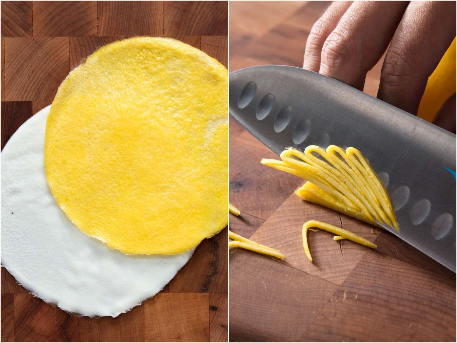 slicing the egg garnish for japchae