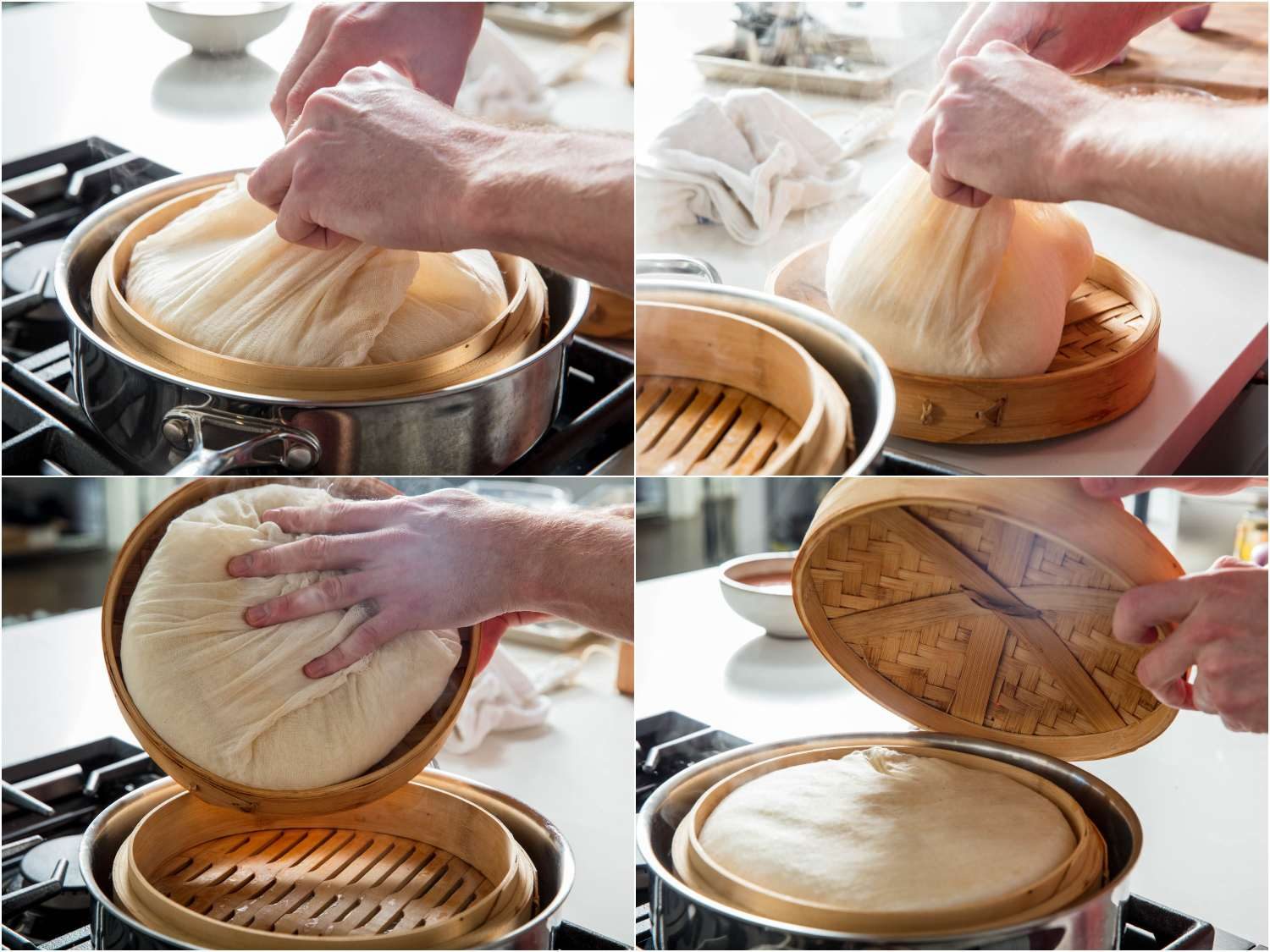 Process shots of flipping over cheesecloth parcel of sticky rice midway through cooking process.