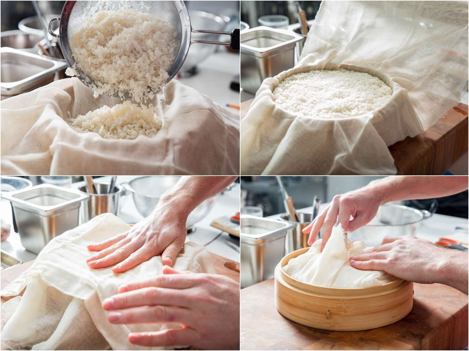 Process shots of placing glutinous rice in a cheesecloth parcel to steam in a bamboo steamer.